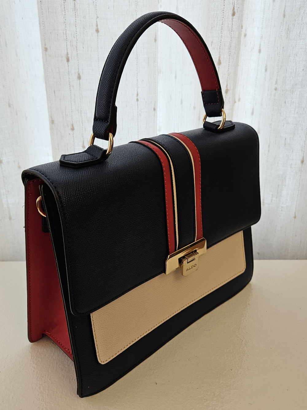 ALDO Dark Blue and Red Top-Handle Satchel with Cream Accent